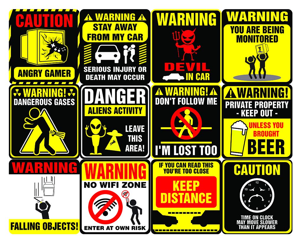 Creanoso Funny Warning Signs Stickers - 8 Bulk Sets (12 des. x 8pcs ea.) -Approx. A7-Sized 3.55x 3.94 in. Stocking Stuffers Premium Quality Gift Ideas