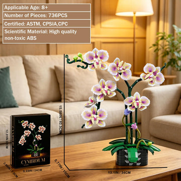 Orchid Flower Building Block Set,Compatible with Lego Flower Featuring Printed Floral Patterns on The Blocks' Petals, Ideal for Tabletop displays