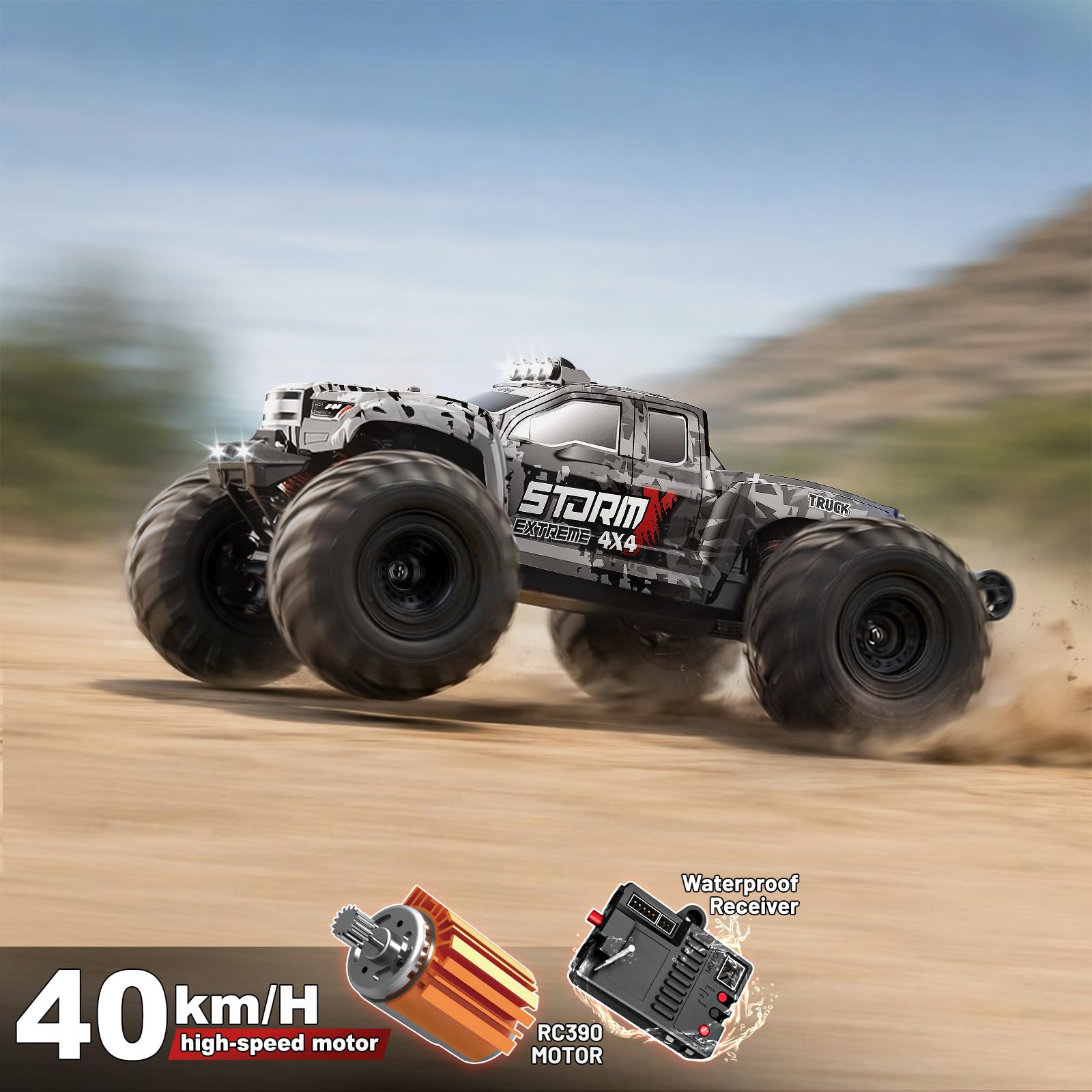Womaqu RC Cars 1:14 4WD Off-Road RC Monster Truck High Speed 40 km/h, 4x4 Remote Control Car with 2 Rechargeable 1300mAh Batteries and 2 Sets of Tires