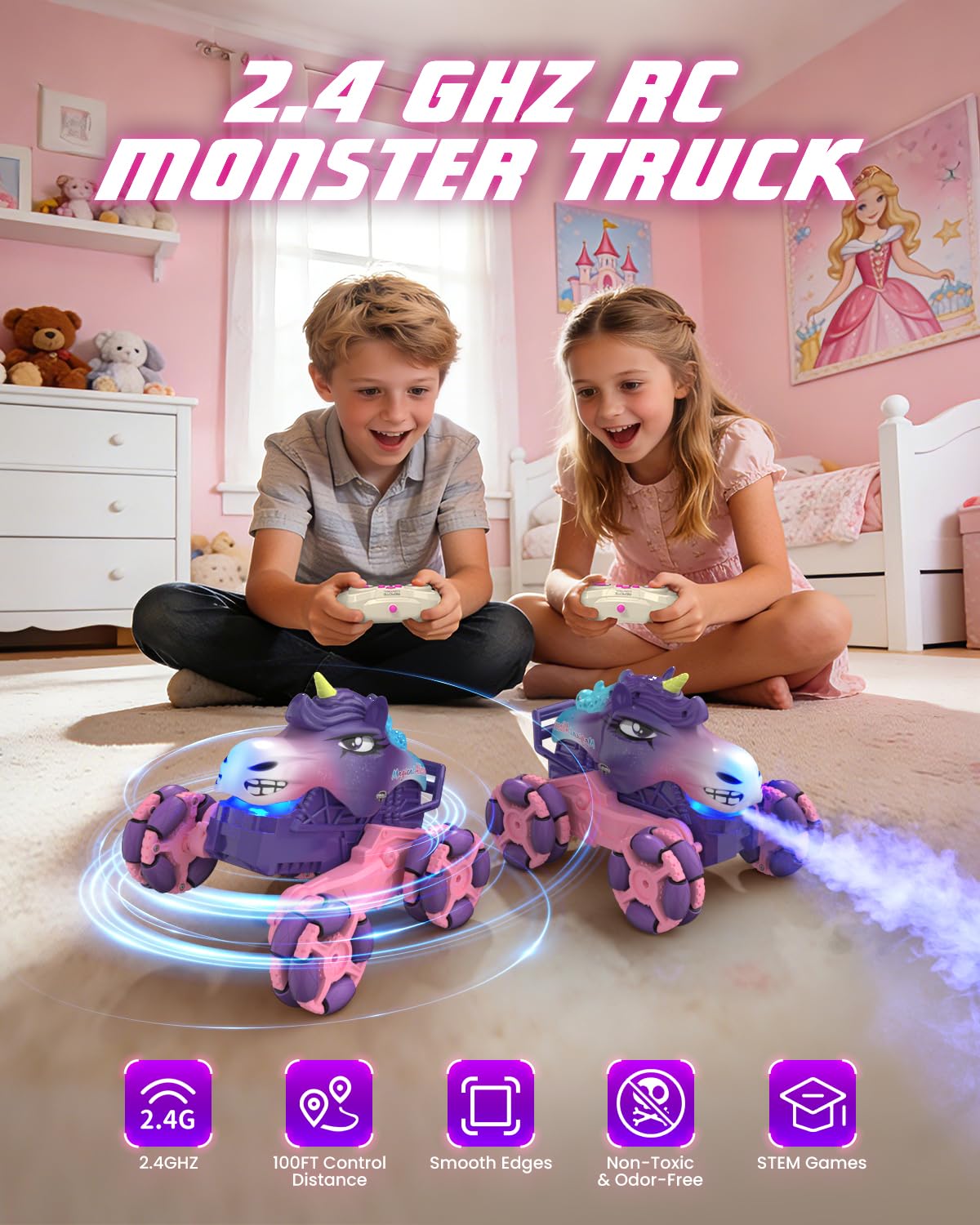 1:18 Pink Unicorn Monster Truck with Spray,120 Min Runtime,Gift for Girl 3+