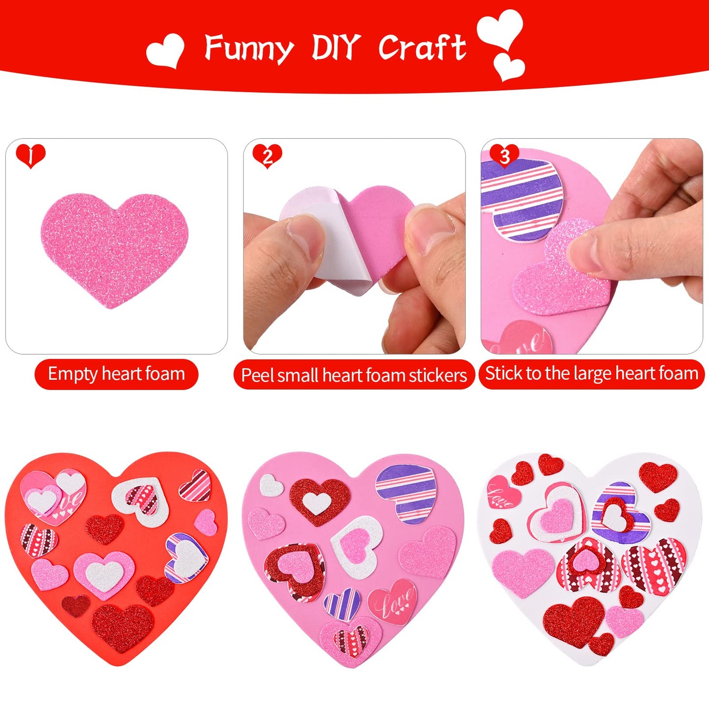 388 Pieces Valentine's Day Foam Heart Stickers Kit Includes 18 Pcs Colorful Large Foam Hearts and 370 Pcs Glitter Self-Adhesive Heart Stickers