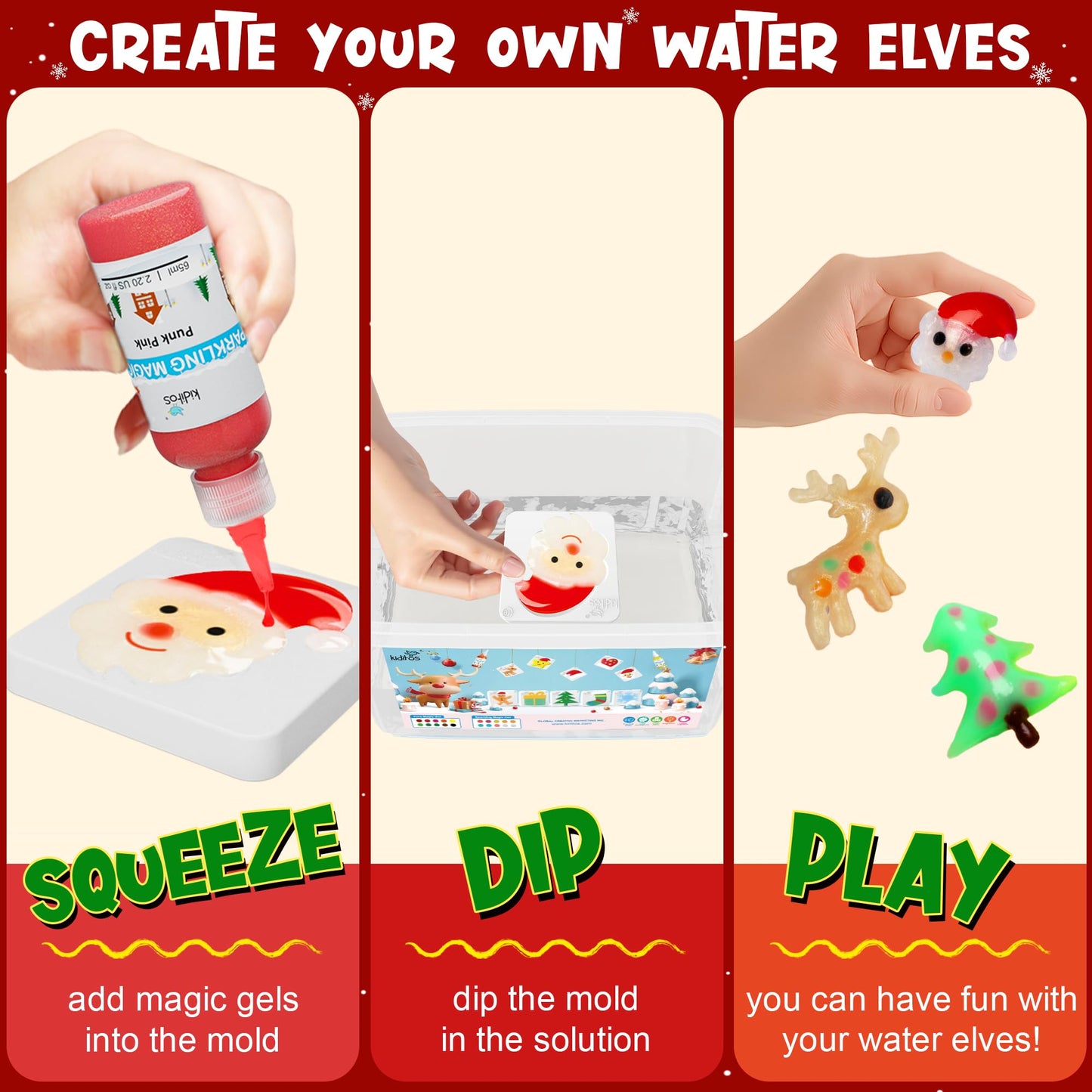 Kiditos Christmas Magic Water Elf Toy Kit, Magic Gel Water Pets with 20 Gels &10 Molds, DIY Squishy Maker Set, Christmas Gifts, Birthday Gifts, Party