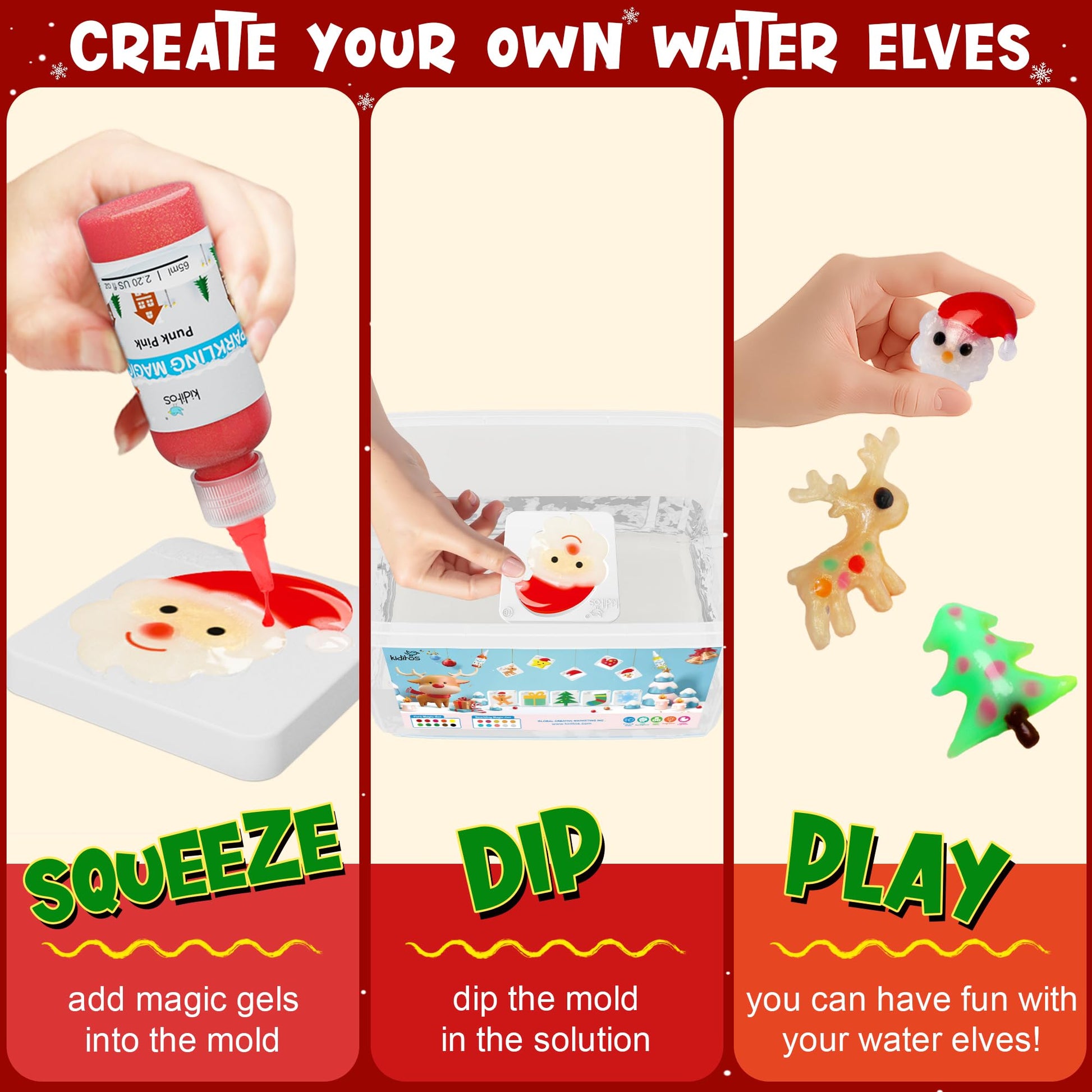 Kiditos Christmas Magic Water Elf Toy Kit, Magic Gel Water Pets with 20 Gels &10 Molds, DIY Squishy Maker Set, Christmas Gifts, Birthday Gifts, Party