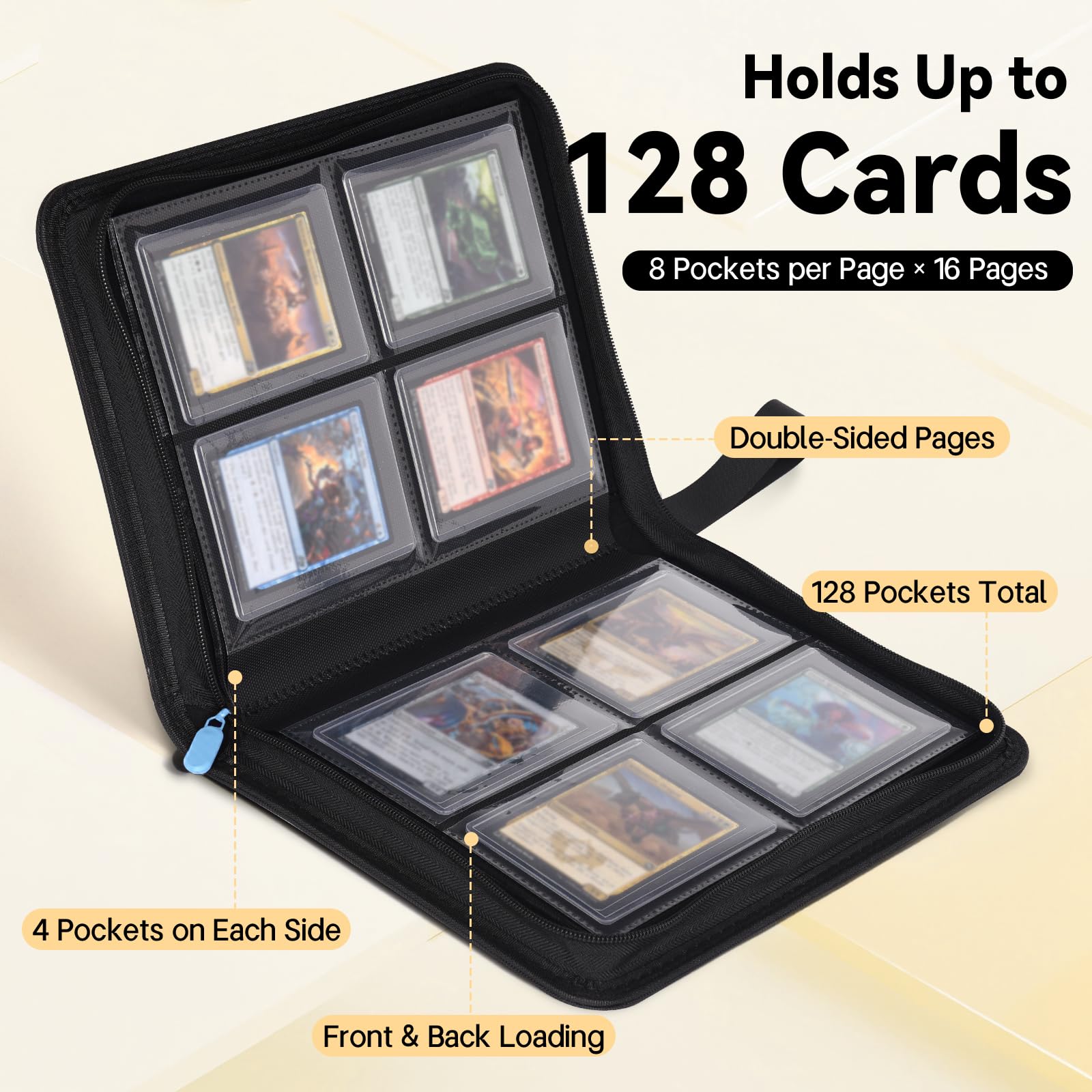 Zippered Toploader Binder,4-Pocket Card Binder for 3x4" Rigid Top Loaders, Holds 128 Toploaders,Premium Diamond PU Leather Trading Card Album for