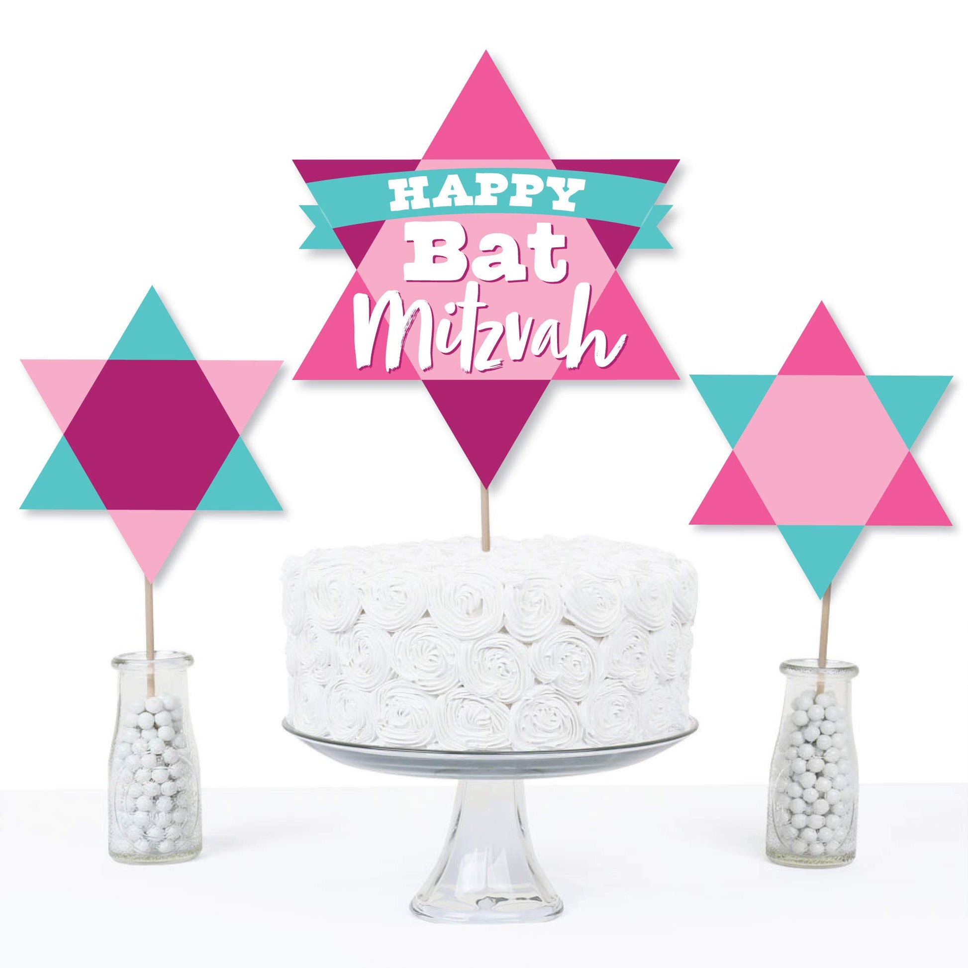 Big Dot of Happiness Pink Bat Mitzvah - Girl Party Centerpiece Sticks - Table Toppers - Set of 15