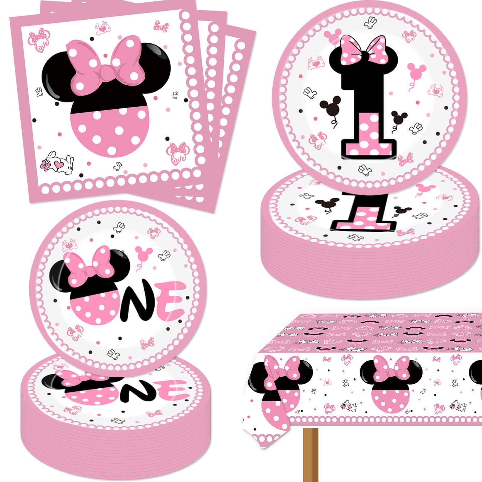 Pink 1st Birthday Party Supplies Tableware Pink Cartoon One Paper Plates Napkins Table Cloth Dinnerware for Girls 1st Birthday Baby Shower Party