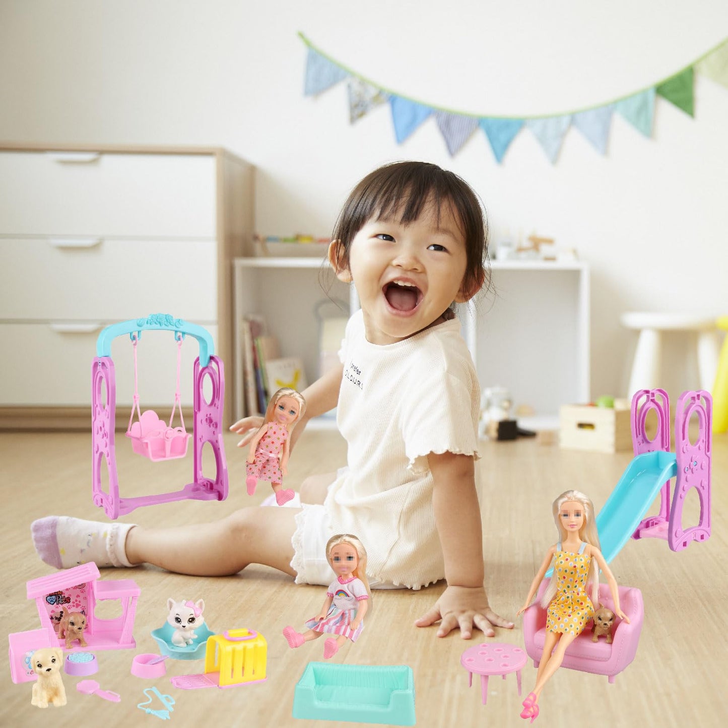 ZHENYETAI 174 Piece Doll Wardrobe&Toy Folding Wardrobe - Includes Folding Wardrobe+Swing Slide+Dog and Cat Pet House with Rich Accessories for Easy