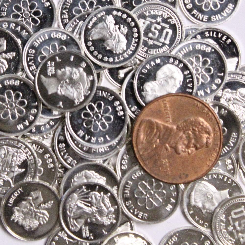 CoinFolio Five (5) One Gram .999 Fine Silver Rounds with Random Designs in a Jewelry Pouch by Mint State Gold