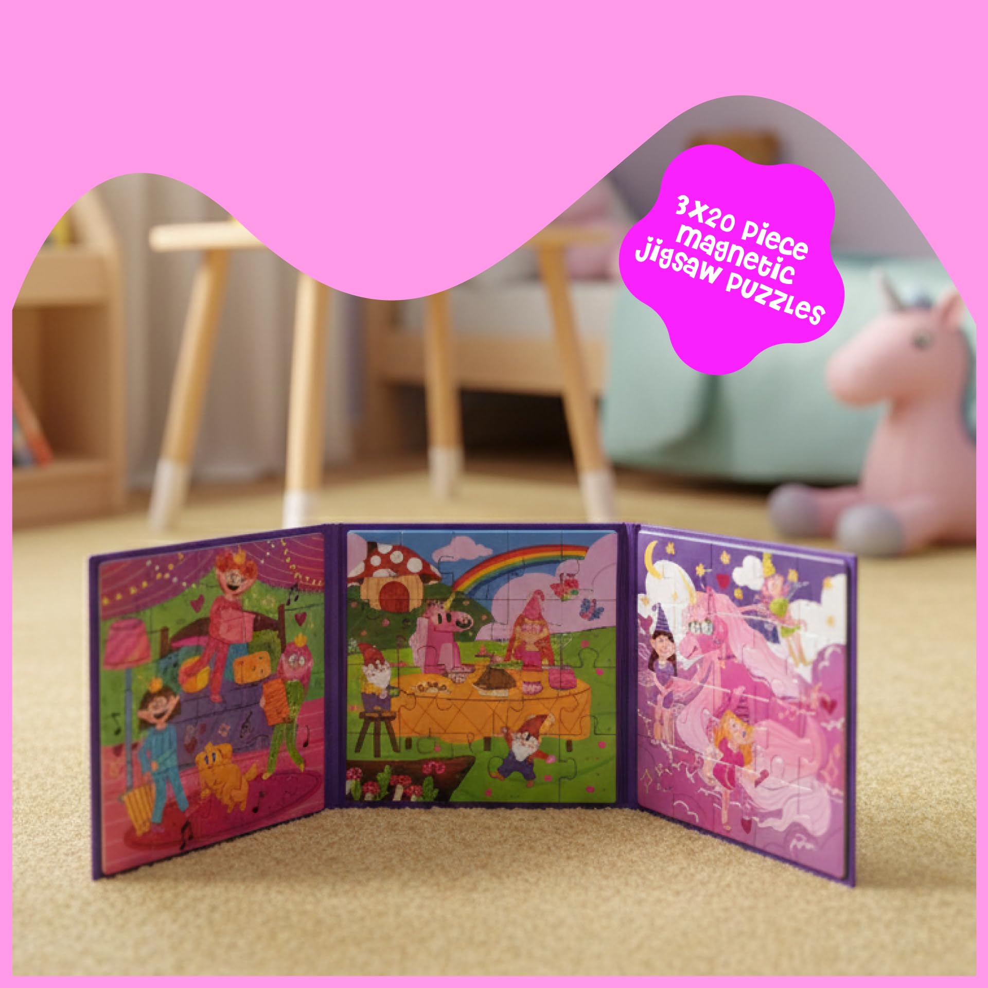 Dinomini Magnetic Puzzles for Toddlers 3-5 - Tri Fold Set with 3 x 20 Piece Magnetic Puzzles - Travel Activities for Preschoolers - Learning
