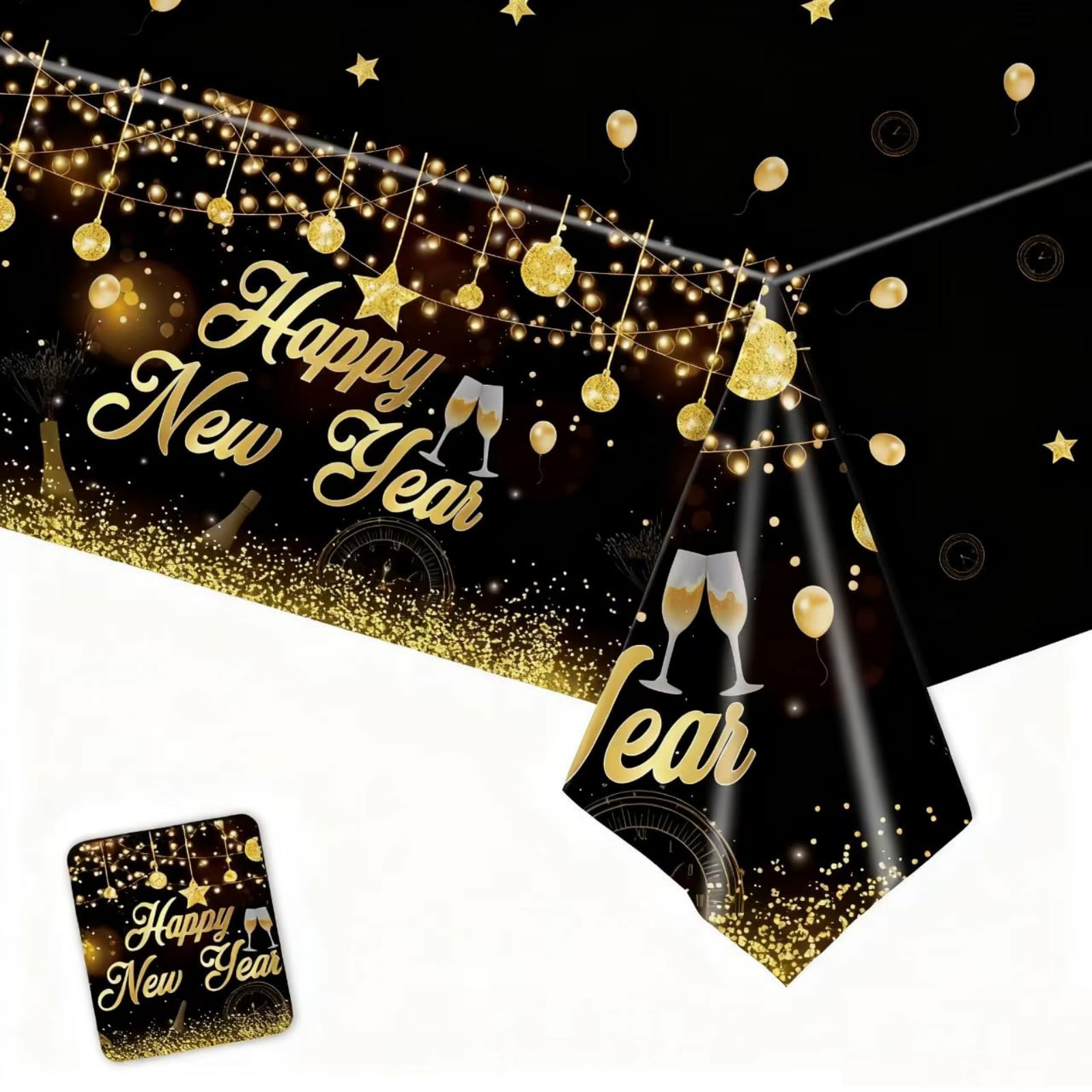 Tudniky Happy New Year Plastic Tablecloth, 2026 Disposable Table Cover, Plastic Table Clothes for Parties Decorations Supplies(108”L X 54”W, Black)