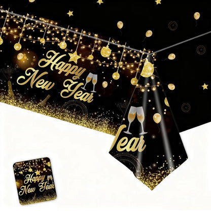 Tudniky Happy New Year Plastic Tablecloth, 2026 Disposable Table Cover, Plastic Table Clothes for Parties Decorations Supplies(108”L X 54”W, Black)