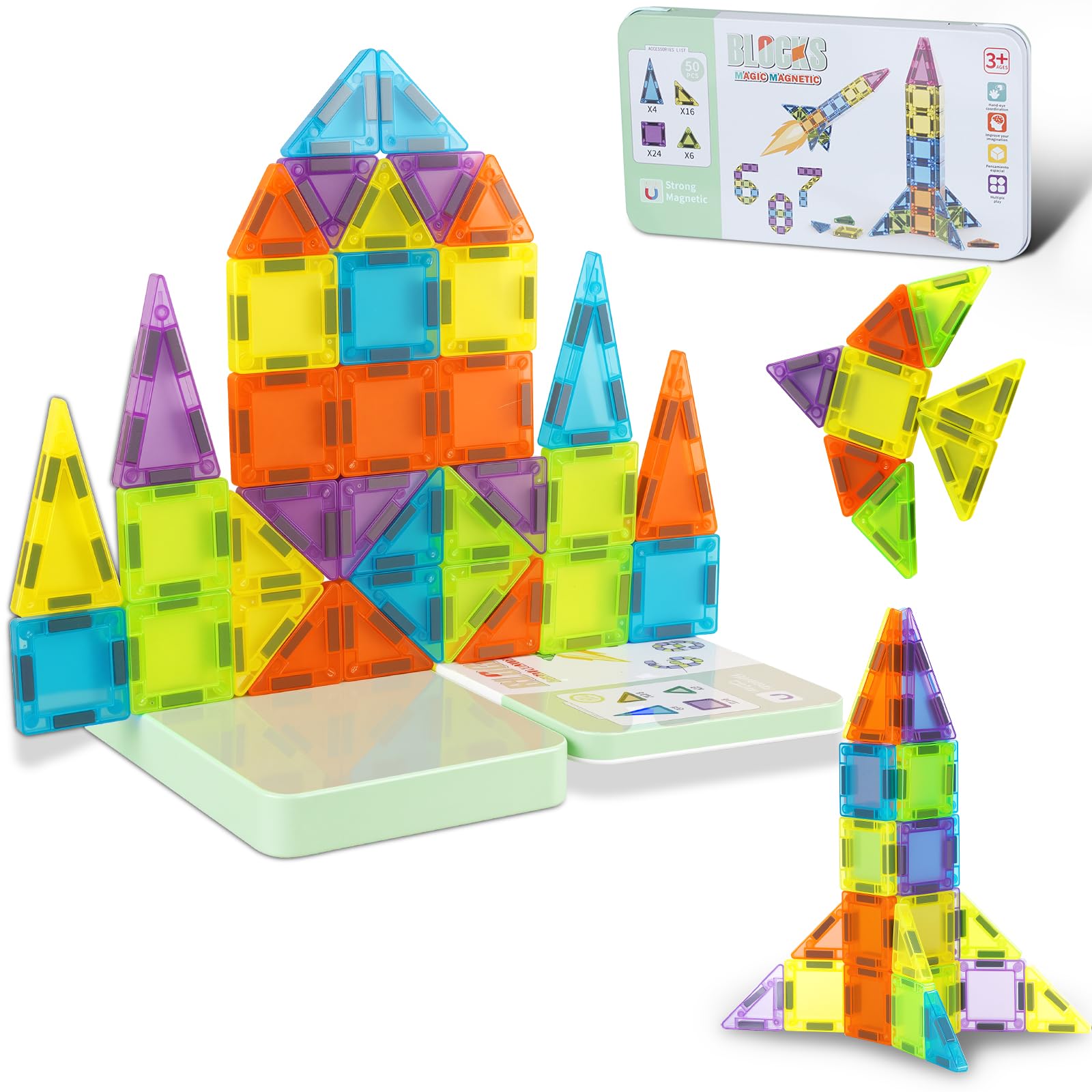 Vrythn Mini Magnetic Tiles Travel Set- 50PCS Travel Toys with Portable Iron Box, Rounded Edges, Colorful STEM Toys for Kids Ages 3+