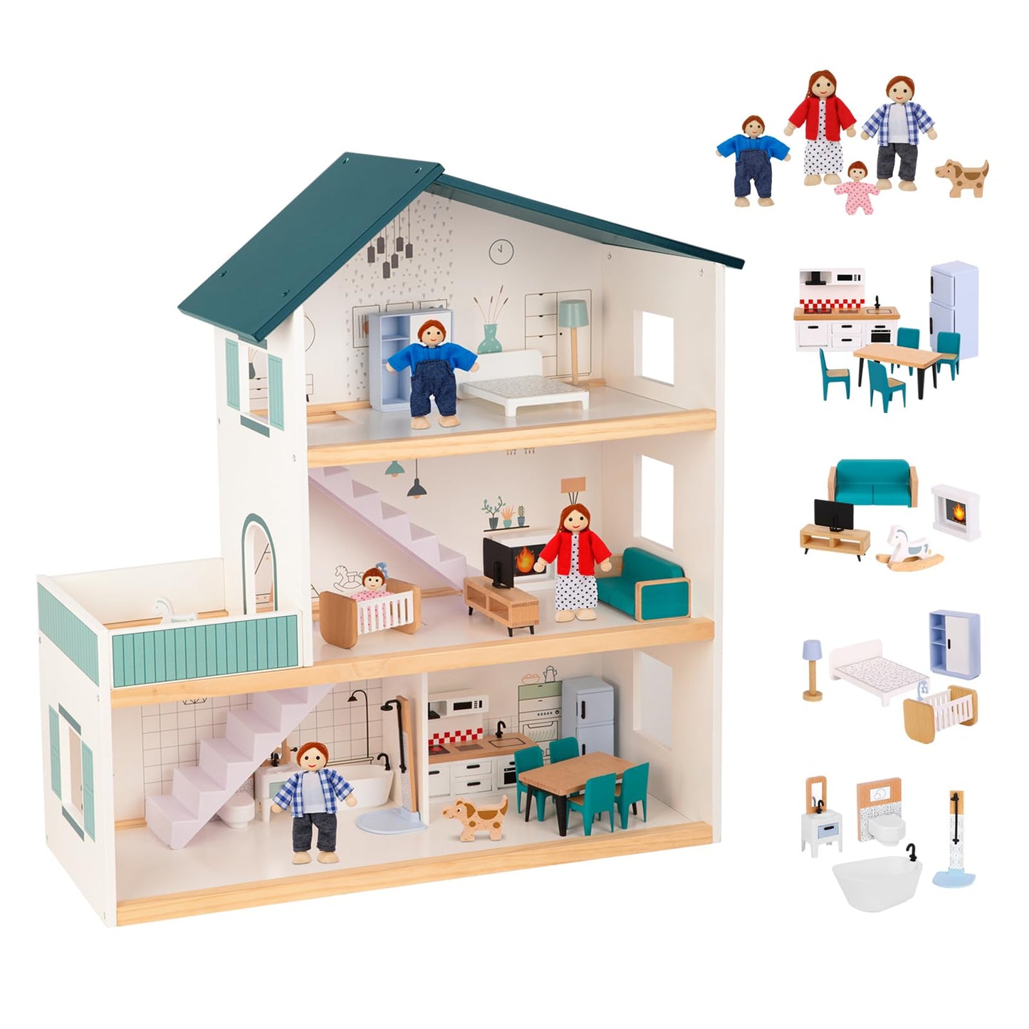 OOOK Wooden Dollhouse for Kids, Doll House with Simulated Luxury Furniture Set, Dollhouse Playset for Girls Toddlers (Including 4 Family Dolls