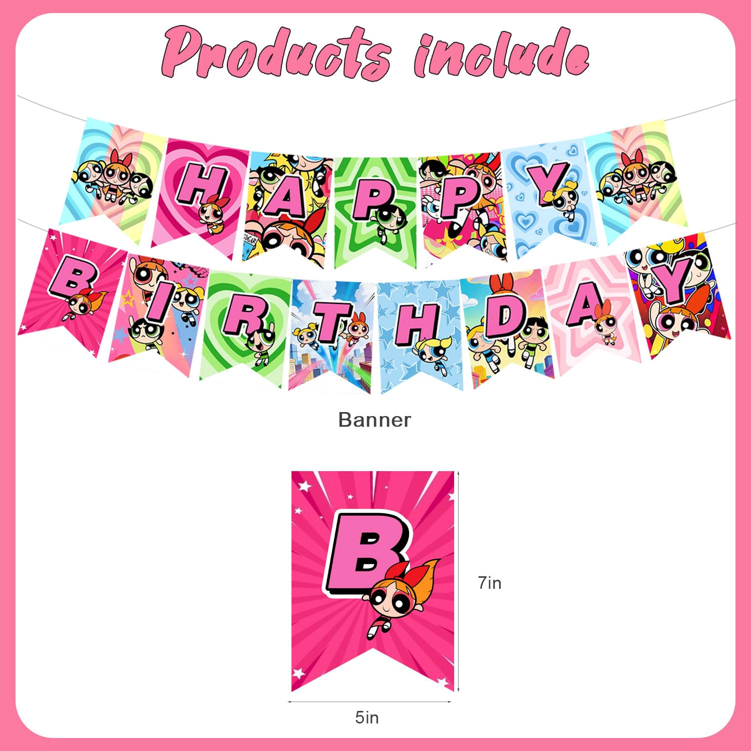 Power Girls Birthday Party Decorations, Happy Birthday Banner, Cake Topper, Hanging Swirls & Latex Balloons, Power Girls Party Supplies for Girls