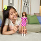 Barbie Fashionistas Doll #171, Curvy, Vitiligo, Long Brunette Hair, Off-Shoulder Polka Dot Dress, Purple Purse, White Boots,Toy for Kids 3 to 8 Years