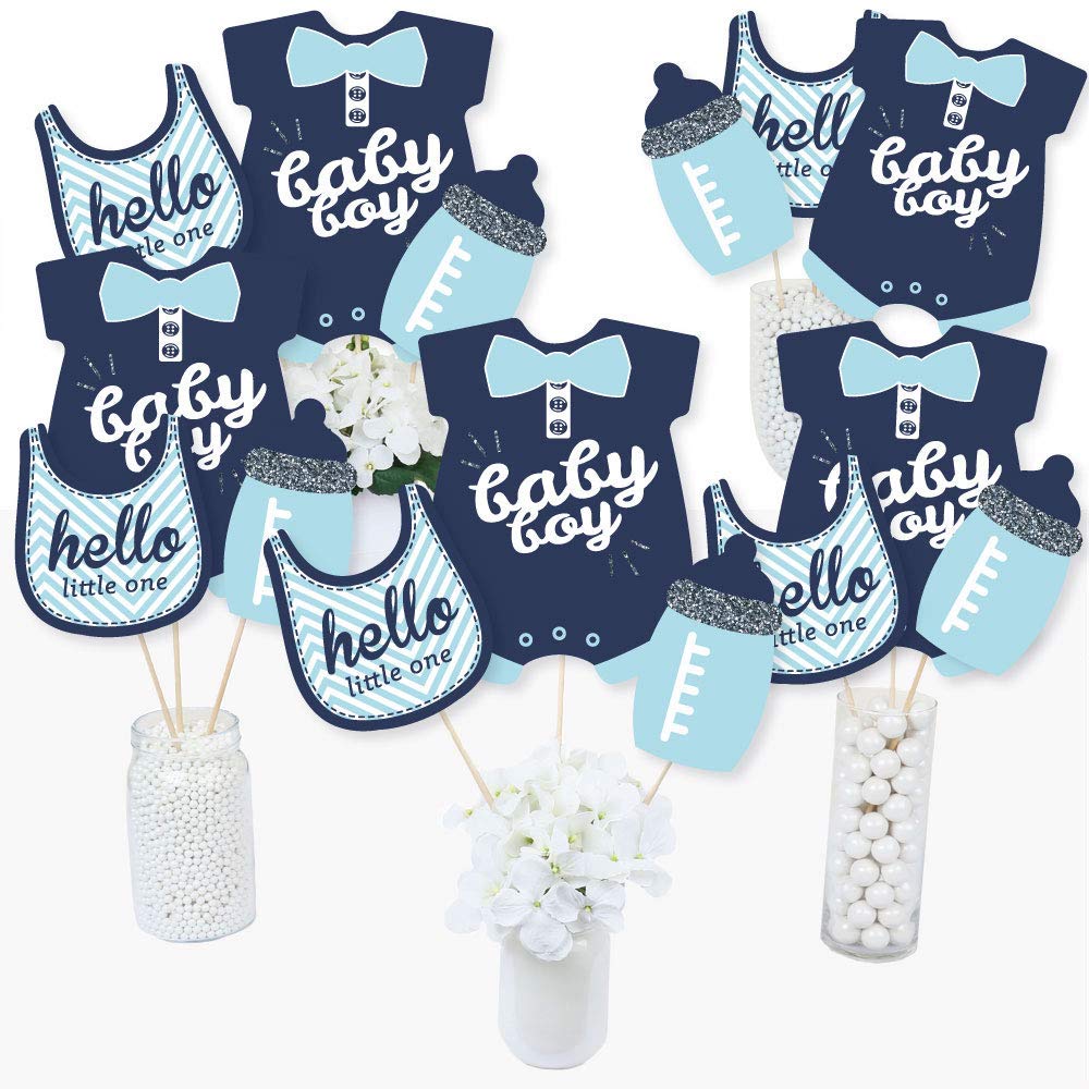 Big Dot of Happiness Hello Little One - Blue and Silver - Boy Baby Shower Party Centerpiece Sticks - Table Toppers - Set of 15