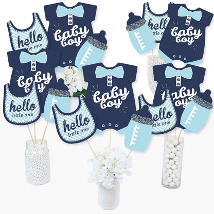 Big Dot of Happiness Hello Little One - Blue and Silver - Boy Baby Shower Party Centerpiece Sticks - Table Toppers - Set of 15