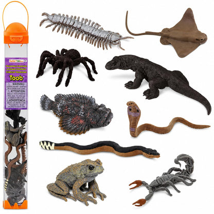 Safari Ltd. Venomous Creatures TOOB - 9 Figurines: Toad, Snake, Ray, Komodo Dragon, Tarantula, Centipede, Scorpion, Stone Fish, Cobra - Educational