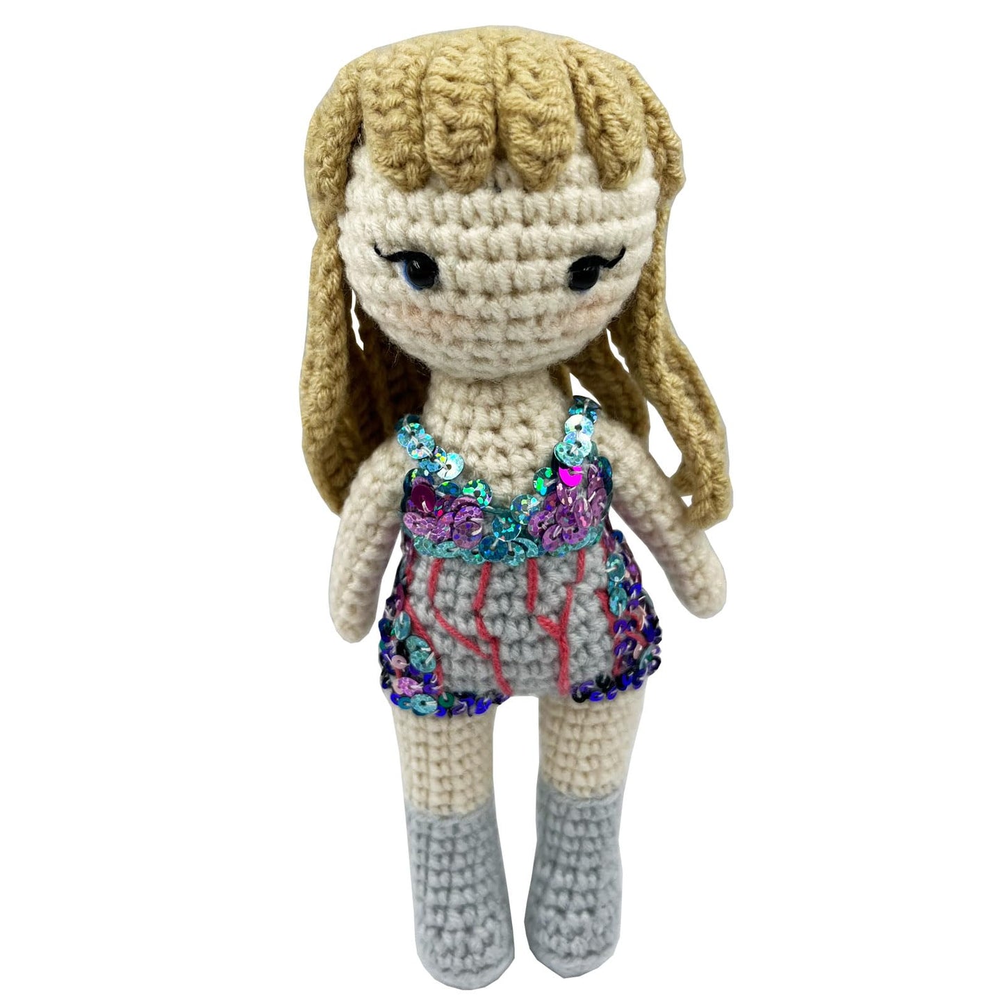 Stitch-Witch Artisanal Handmade Crochet Finished Plush Doll in Sparkling Squins Bodysuit, Luxurious Handmade Beading