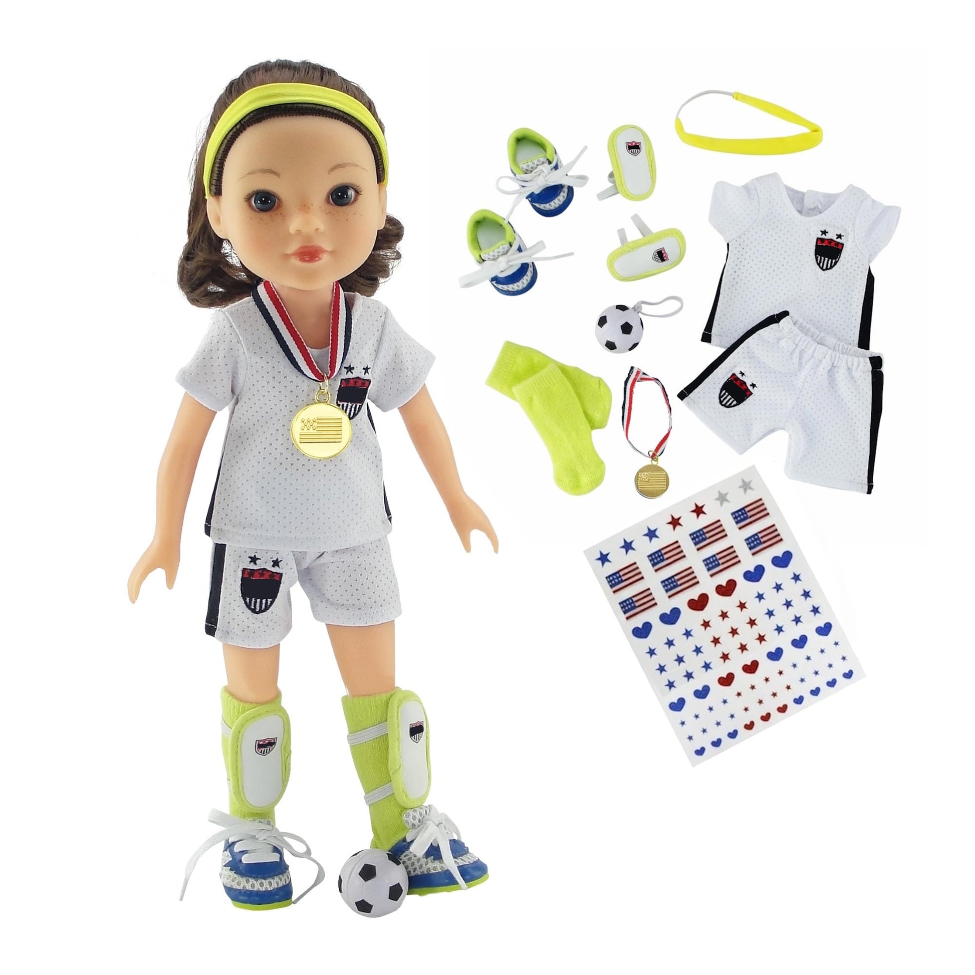 Emily Rose 14 Inch Doll Soccer Uniform 9-PC Set | Doll Clothes Sports Outfit with Socks Shin Guards Cleats Ball Headband Medal & Patriotic Face