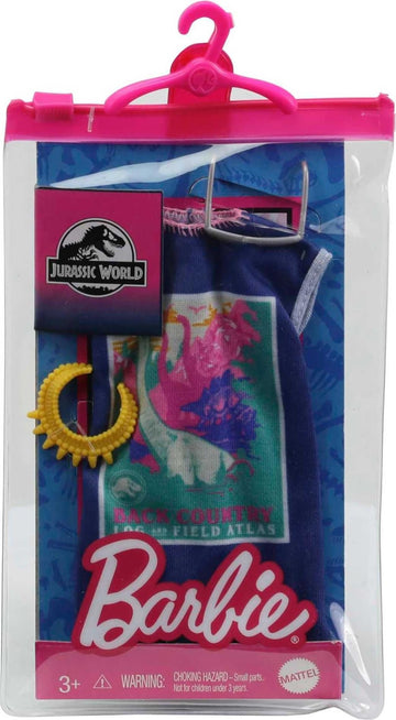 Barbie Doll Clothes Inspired by Jurassic World: Dominion, Complete Look with 2 Accessories, T-Shirt Dress with Colorful Dinosaur Graphic, Necklace &