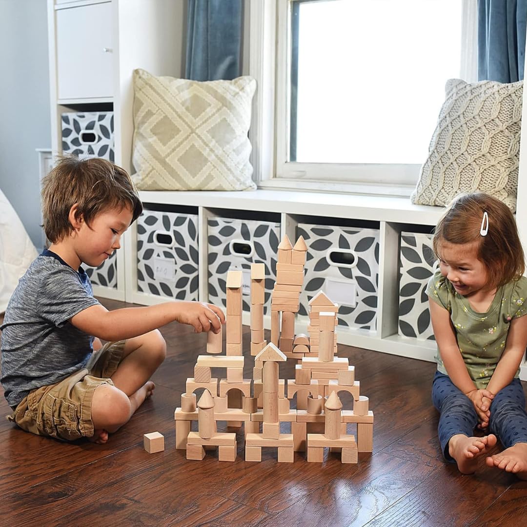 Pidoko Kids Wooden Blocks - 100 Pcs - Building Blocks for Toddlers - Includes Storage Container with Shape Sorter Lid - Natural Beech Wood Blocks