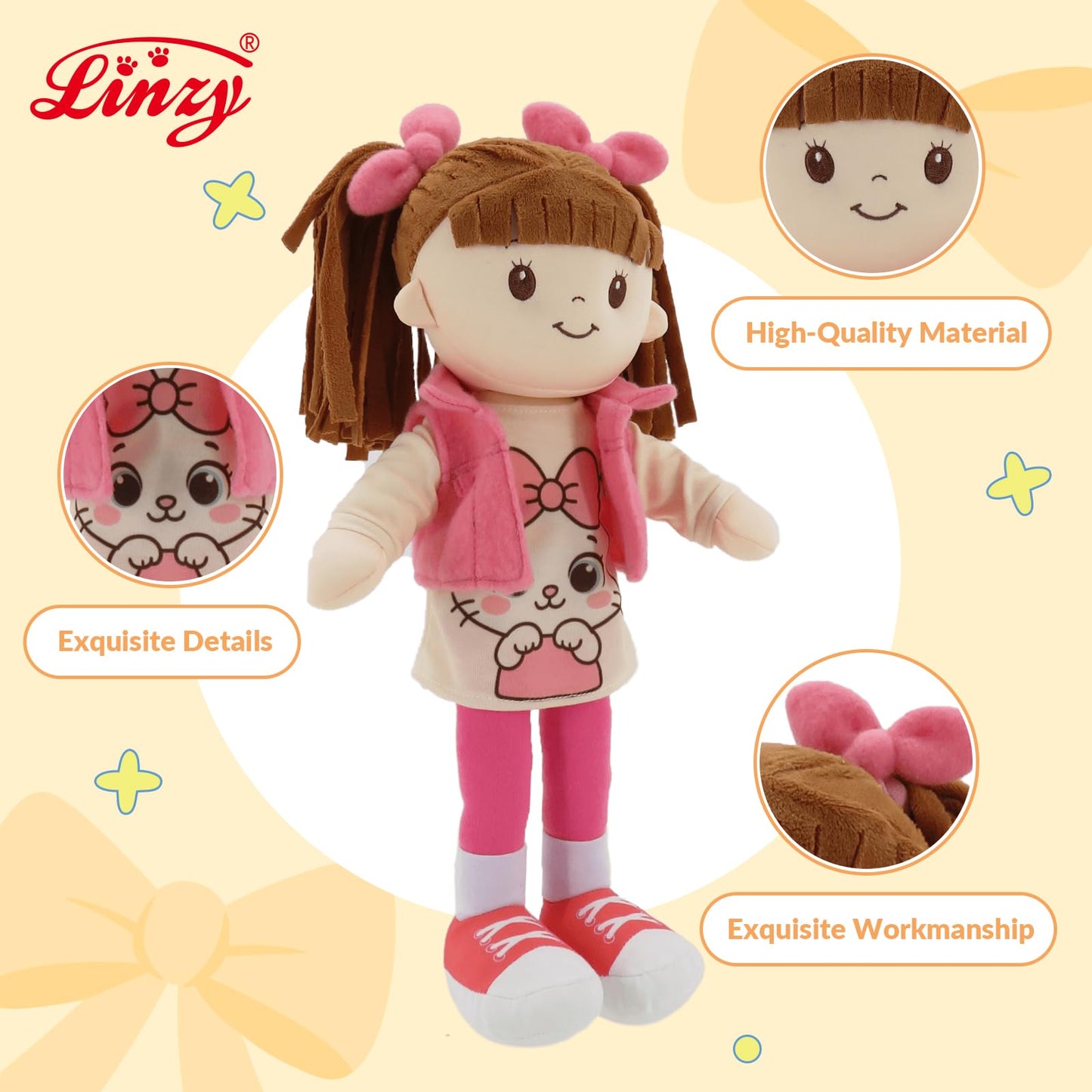 Linzy 15" Little Sweet Hearts Molly Doll, My First Doll Plush Rag Doll for Girls - Soft Baby Doll with Braided Pigtails & Bows, Washable Sensory Cloth