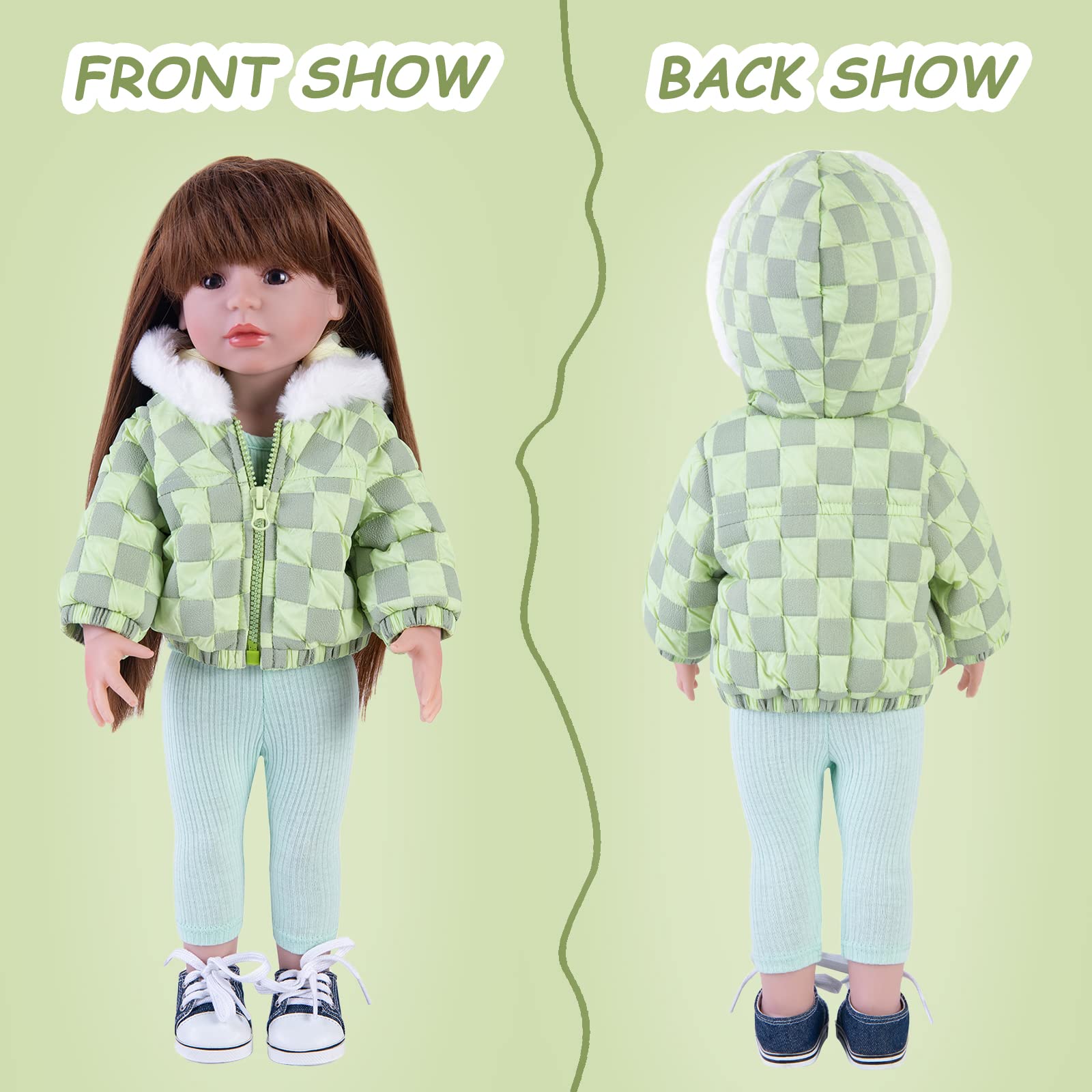 Rakki Dolli Doll Clothes 3 Pc. Set Light Green Grey Plaid Hooded Thick Coat Checkerboard Jacket with Long Sleeve, Warm Doll Outfit Hoodie Snowsuit