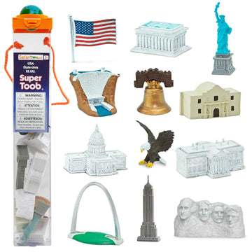 Safari Ltd. USA Super Toob - Toy Figures of Lincoln Memorial, Hoover Dam, Liberty Bell, Alamo, Mt. Rushmore, Statue of Liberty, Capital, White House