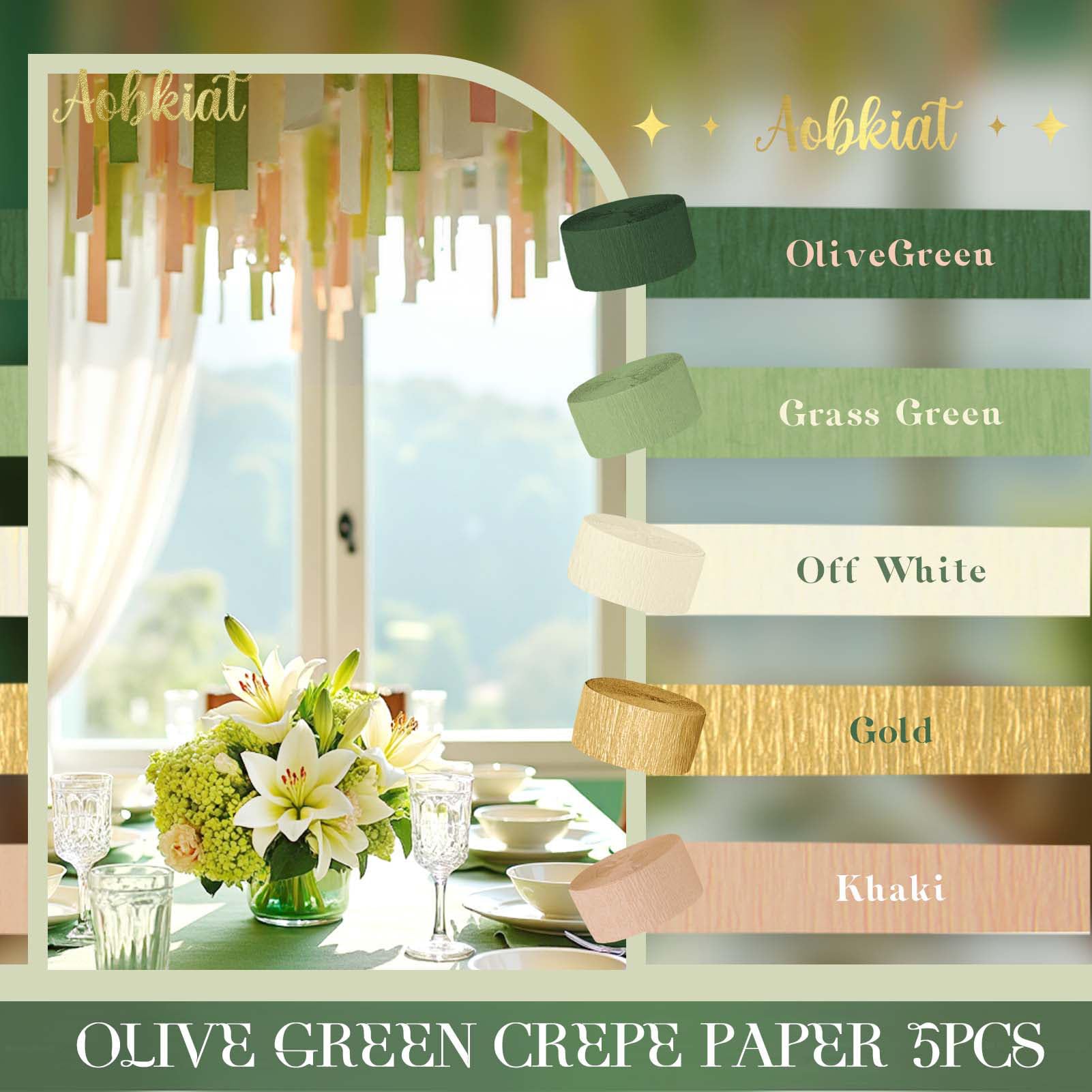 AOBKIAT Wedding Streamers Party Decorations,5 Rolls Olive Green Crepe Paper