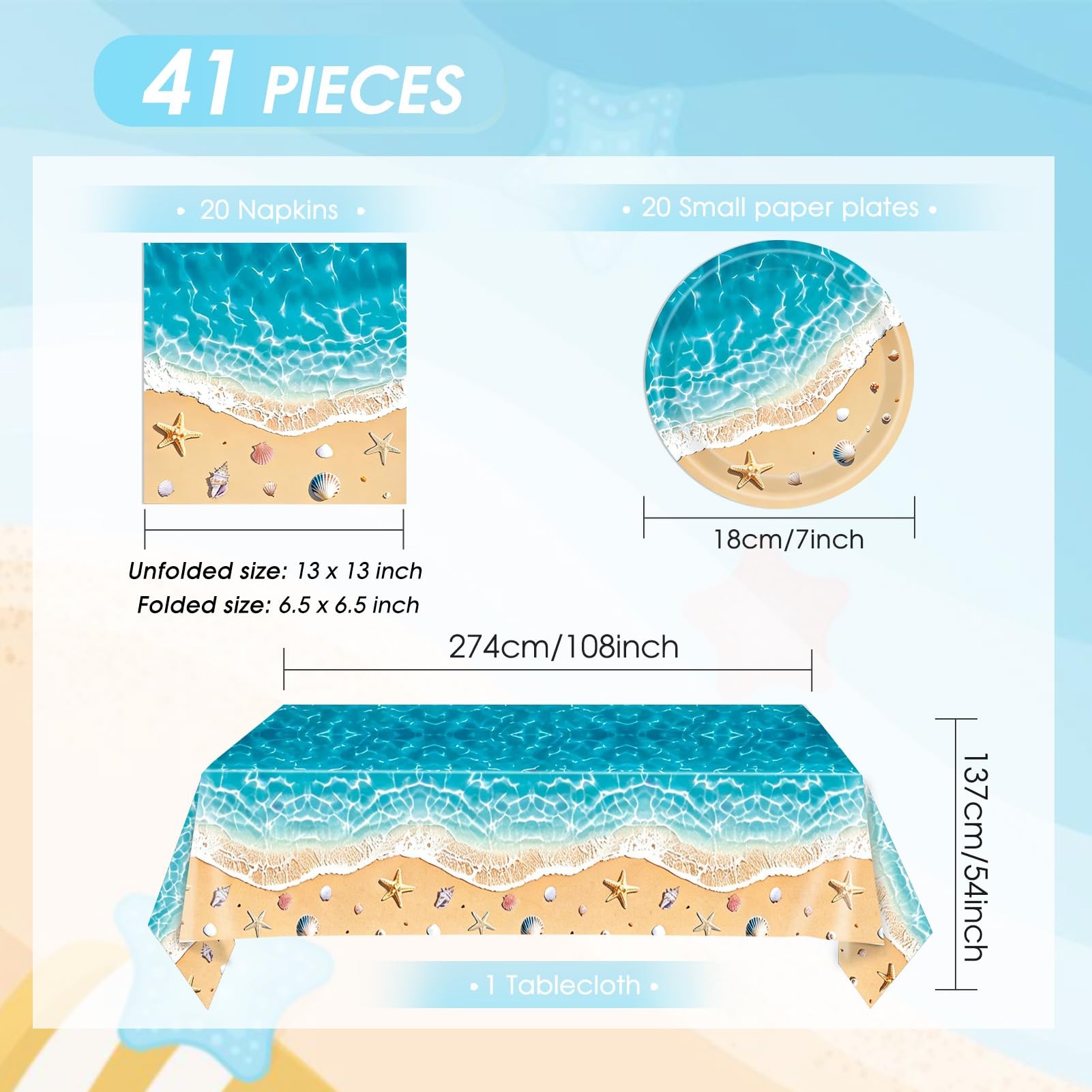 SNIMICS Beach Birthday Party Decorations,41Pcs Disposable Ocean Waves Beach Dessert Plates Napkins Tablecloth Tableware Set Summer Pool Hawaiian Beach
