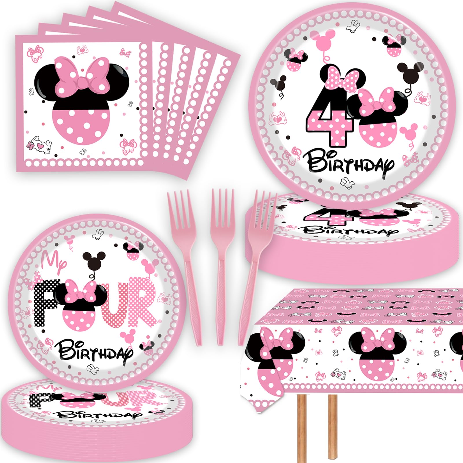 51 Pcs Pink 4th Birthday Party Decorations Girls Four Years Old Tablecloth Paper Plates Napkins Forks Dinnerware for Pink Girls Fourth Birthday Party