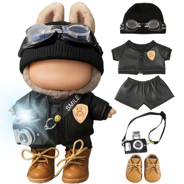 Clothes for 17cm Labubu(No Doll) 6-Pcs Leather Jacket with Hat,Goggles,Flash Camera & Boots,Street-Style Accessories Compatible with Labubu 17cm 15cm