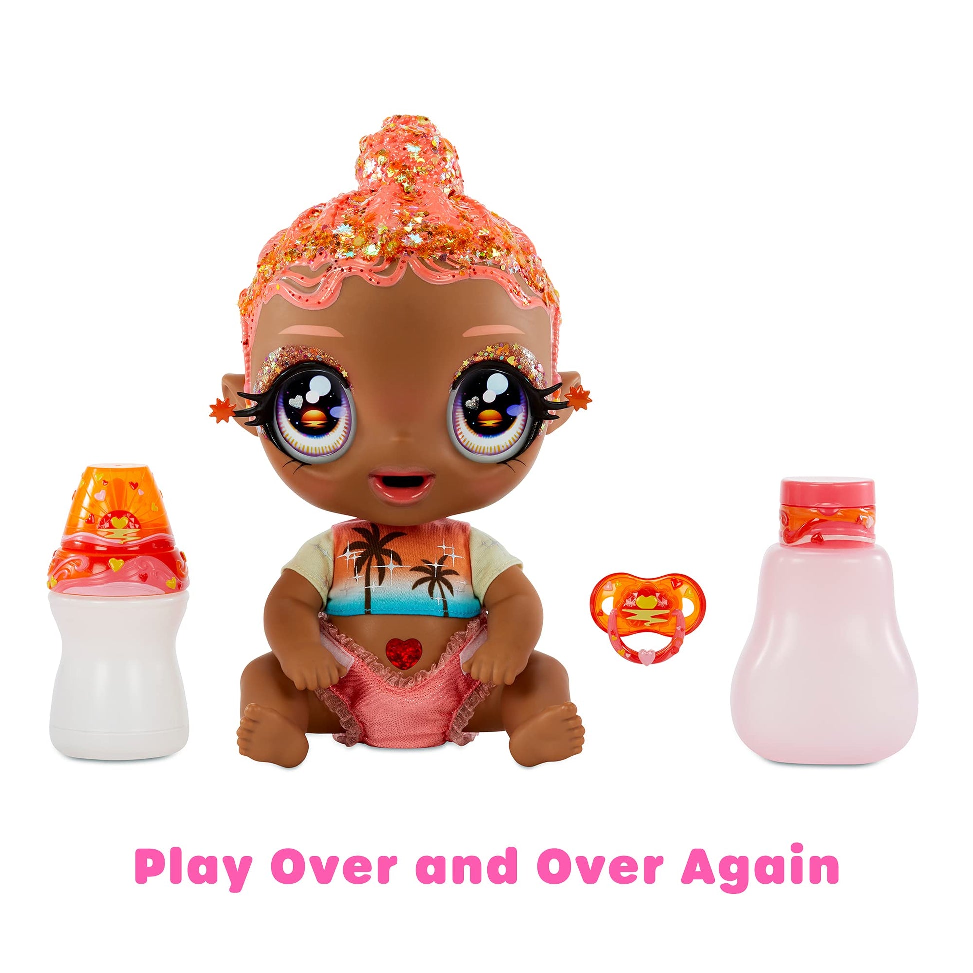 MGA's Glitter Baby Doll with Color Changes, Pink Hair, Sunset Outfit, Bottle - Gift for Kids Ages 3-5+