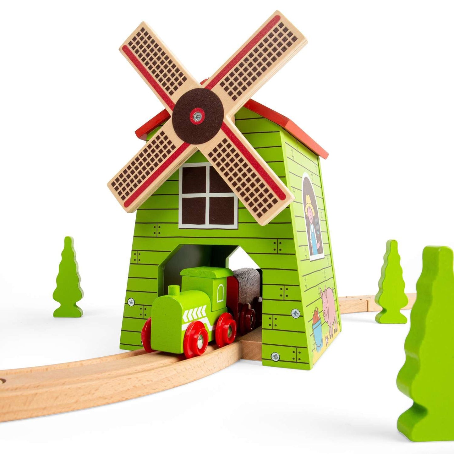 Bigjigs Rail Country Windmill Toy Train Tunnel - Bigjigs Train Accessories, Wooden Train Track Accessories, Windmill for Train Set, Trains for Kids