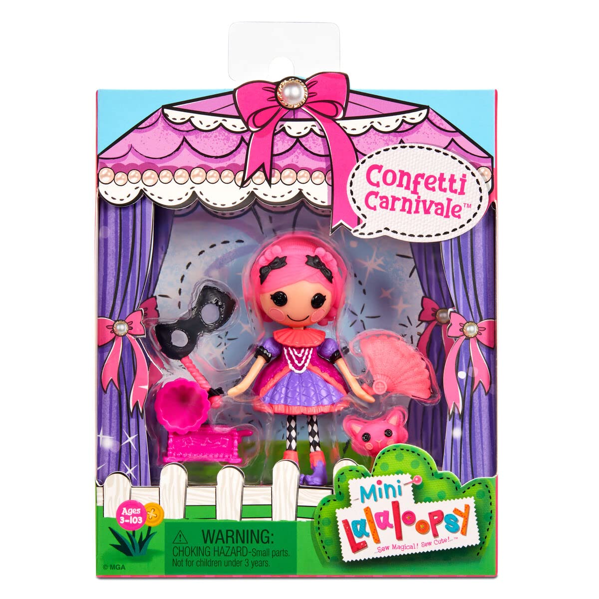 Mini Lalaloopsy Doll - Confetti Carnivale with Mini Pet Cat, 3" Masquerade Ball Party Theme Doll with Pink Hair & Accessories in Reusable Package