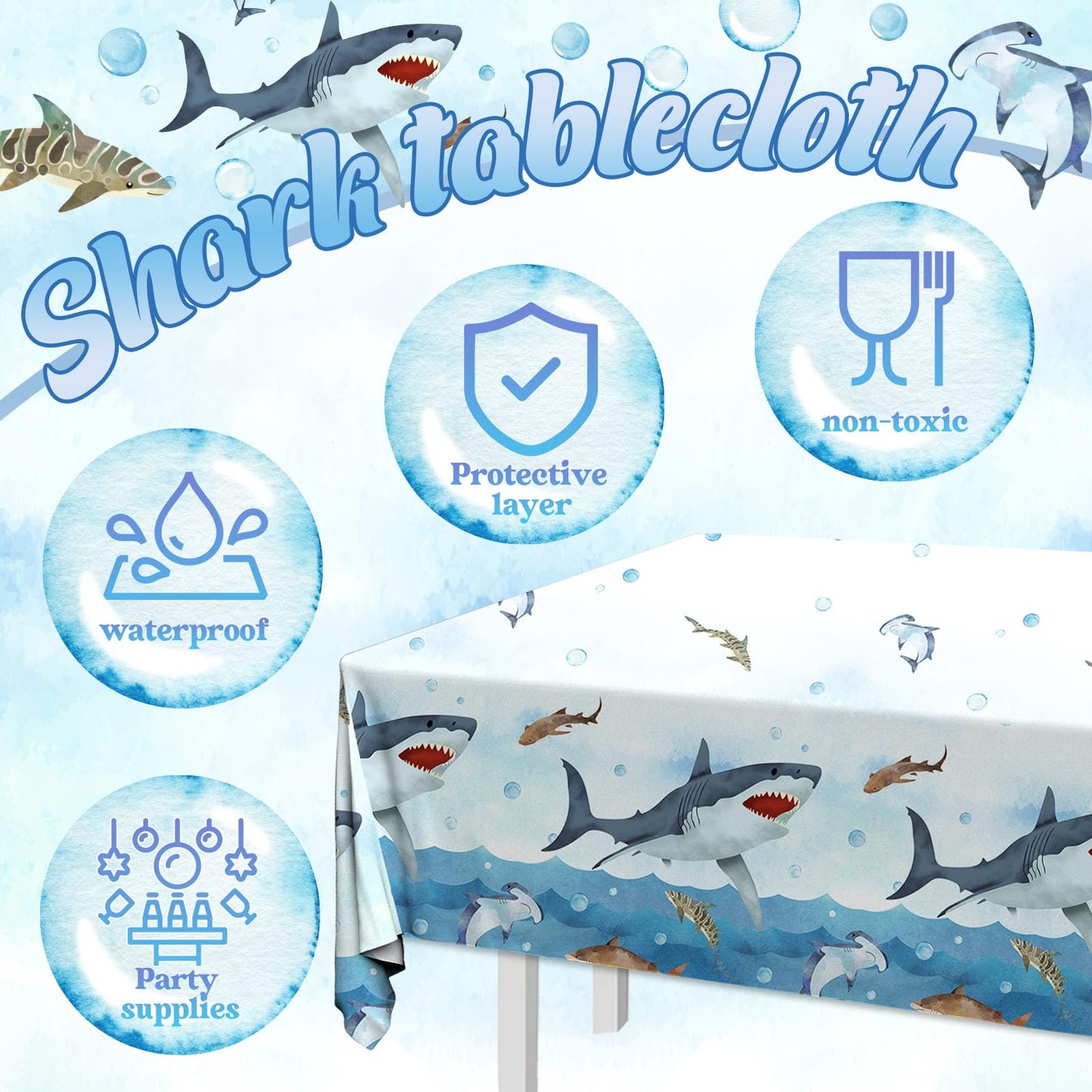 CMUSKO Shark Tablecloth, 3Pcs Shark Birthday Party Supplies Disposable Plastic Table Cover, Shark Birthday Decorations Tablecloth for Baby Shower