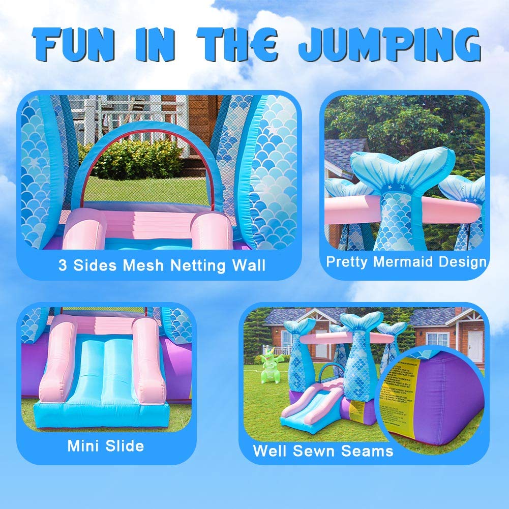 Doctor Dolphin Bounce House Inflatable Mermaid Bouncy Castle House with Air Blower for Kids Party