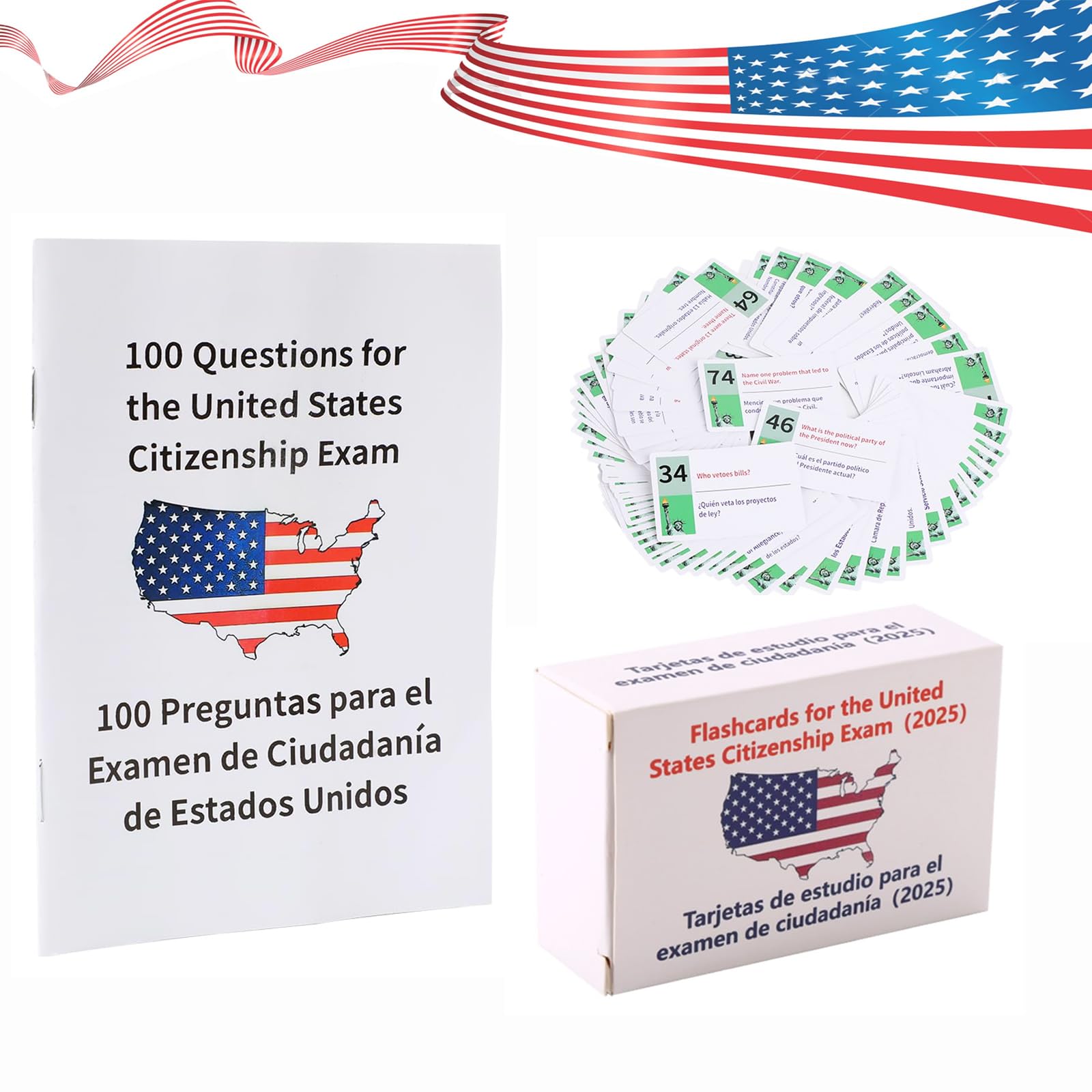 US Civic Test Flash Card 2025 Combo Set with Bilingual Booklet - English/Spanish,Flashcards for The United States Citizenship,Naturalization Study
