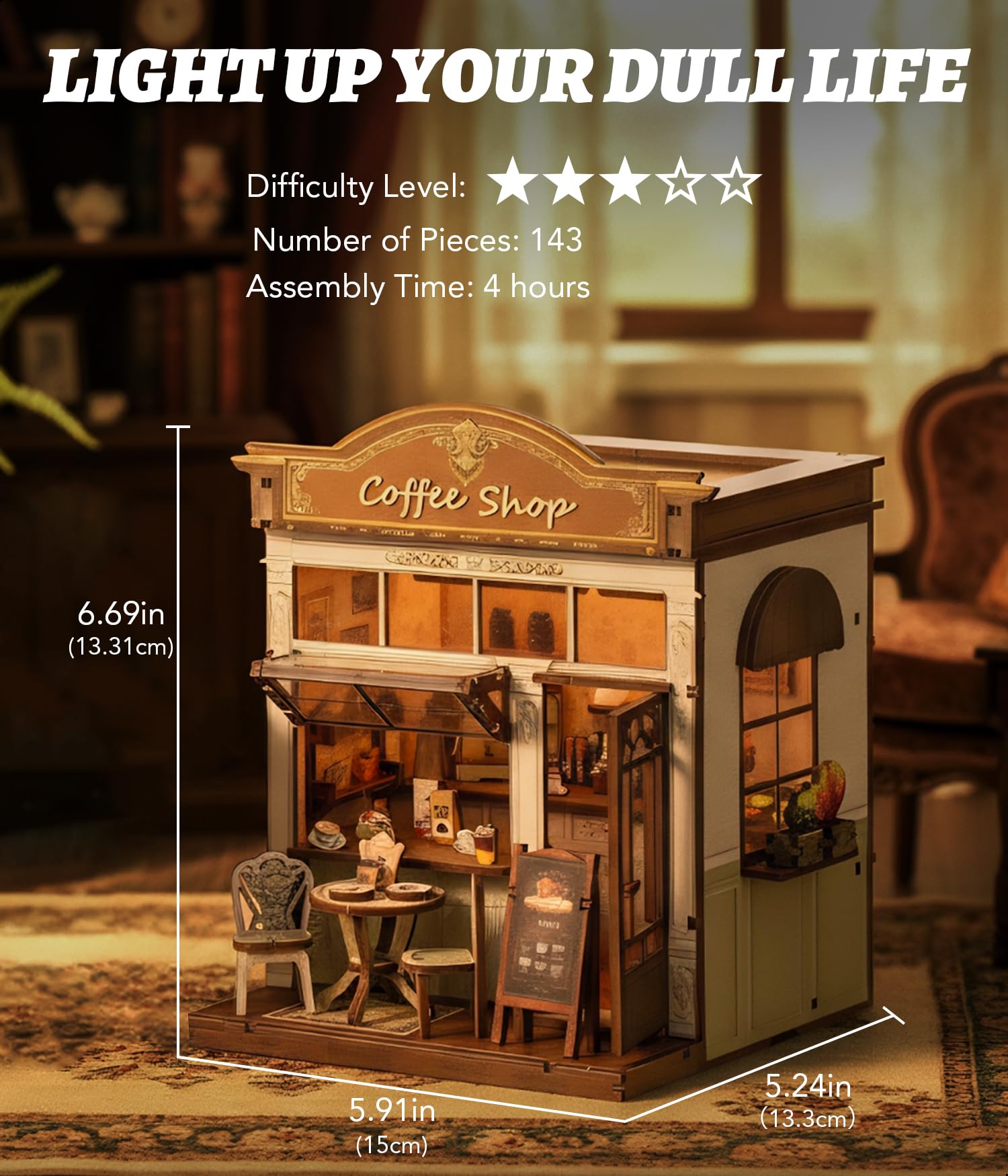KOLOTESAME Coffee Shop Book Nook Kit, DIY Miniature House 3D Wooden Puzzle with LED Light, Bookshelf Insert Decor Tiny Dollhouse Building Kit