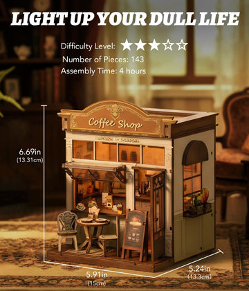 KOLOTESAME Coffee Shop Book Nook Kit, DIY Miniature House 3D Wooden Puzzle with LED Light, Bookshelf Insert Decor Tiny Dollhouse Building Kit