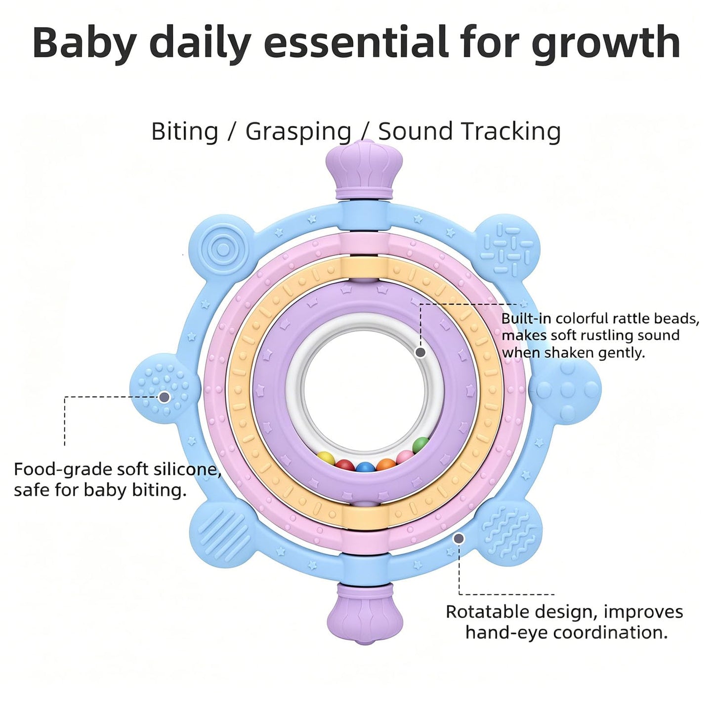 Rotatable Silicone Teether Toy for Babies Over 3 Months -BPA Free, Food Grade Infant Teething Toy with Rattle Ring, Multi Textures Colorful Teethers