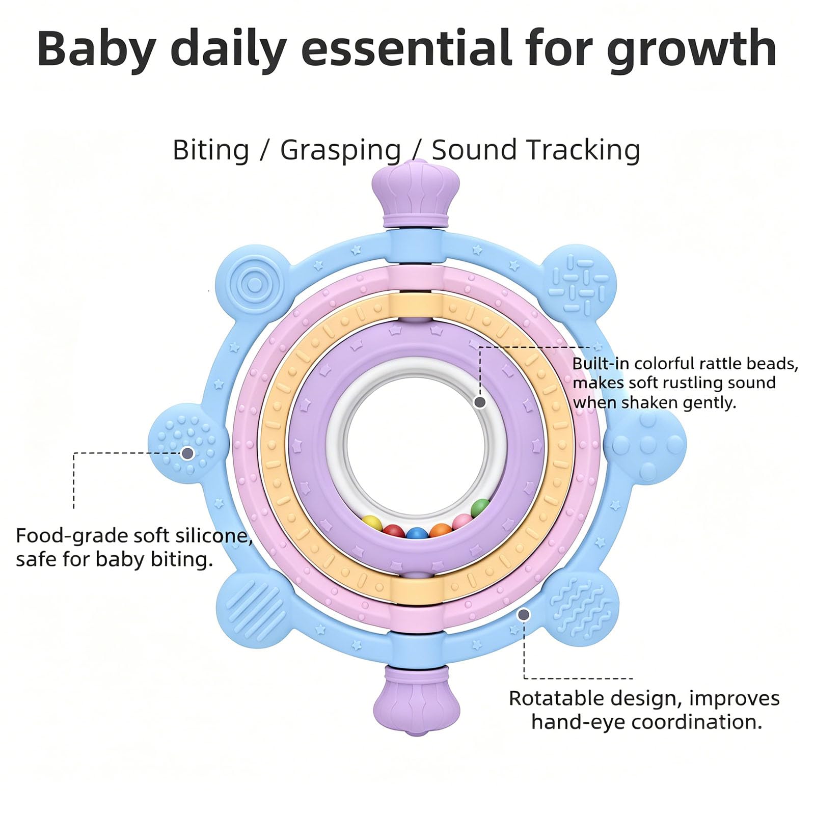 Rotatable Silicone Teether Toy for Babies Over 3 Months -BPA Free, Food Grade Infant Teething Toy with Rattle Ring, Multi Textures Colorful Teethers