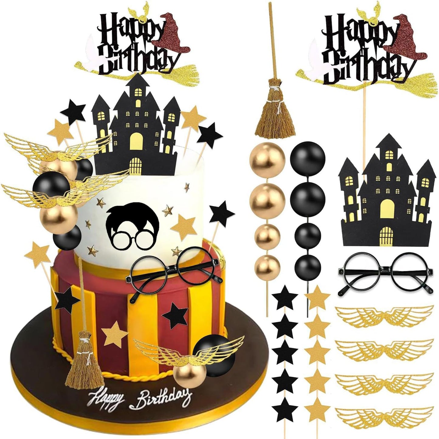 SWIMDOG 26 PCS Wizard Birthday Cake Topper Decorations, Wizard Party Supplies, Glitter Themed Cupcake Decorations