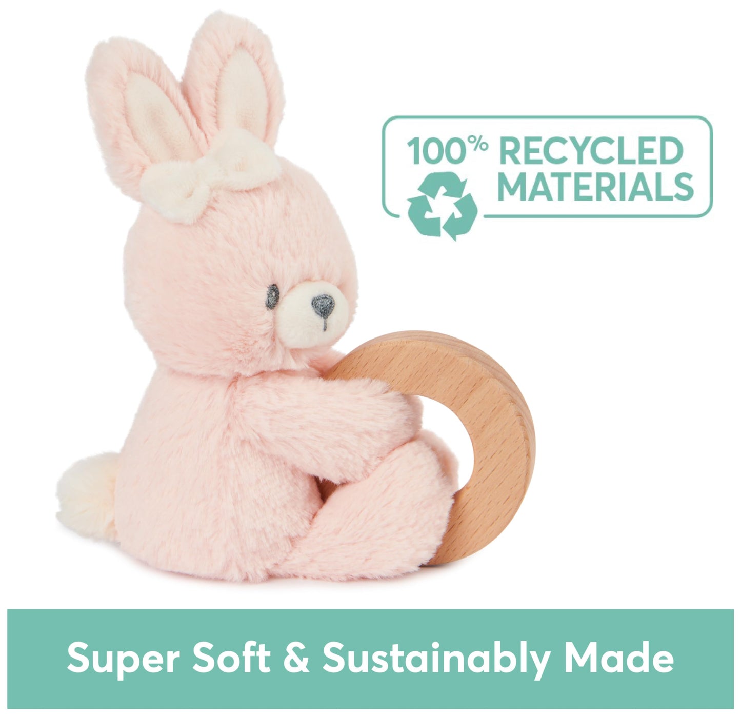 GUND Baby Sustainable Bunny Ring Rattle, Stuffed Animal Plush Made from 100% Recycled Plush Materials, Wooden Rattle for Babies and Newborns, Pink,