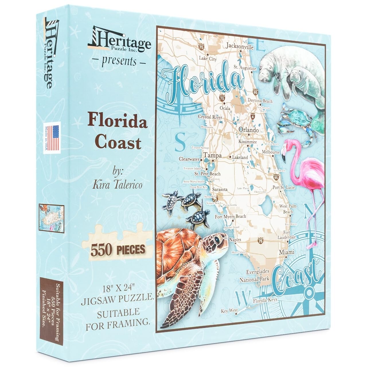 Heritage Puzzle - Florida Coast by Kira Talerico 550 Piece Puzzles for Adults & Family, Map & Wildlife Theme, Manatee & Flamingo Art - Frameable
