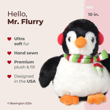 Bearington Mr. Flurry Plush Penguin Stuffed Animal, 10 Inch Christmas Penguin Plush, Ideal Christmas Stuffed Animal Gift for Toddlers, Kids & Teens