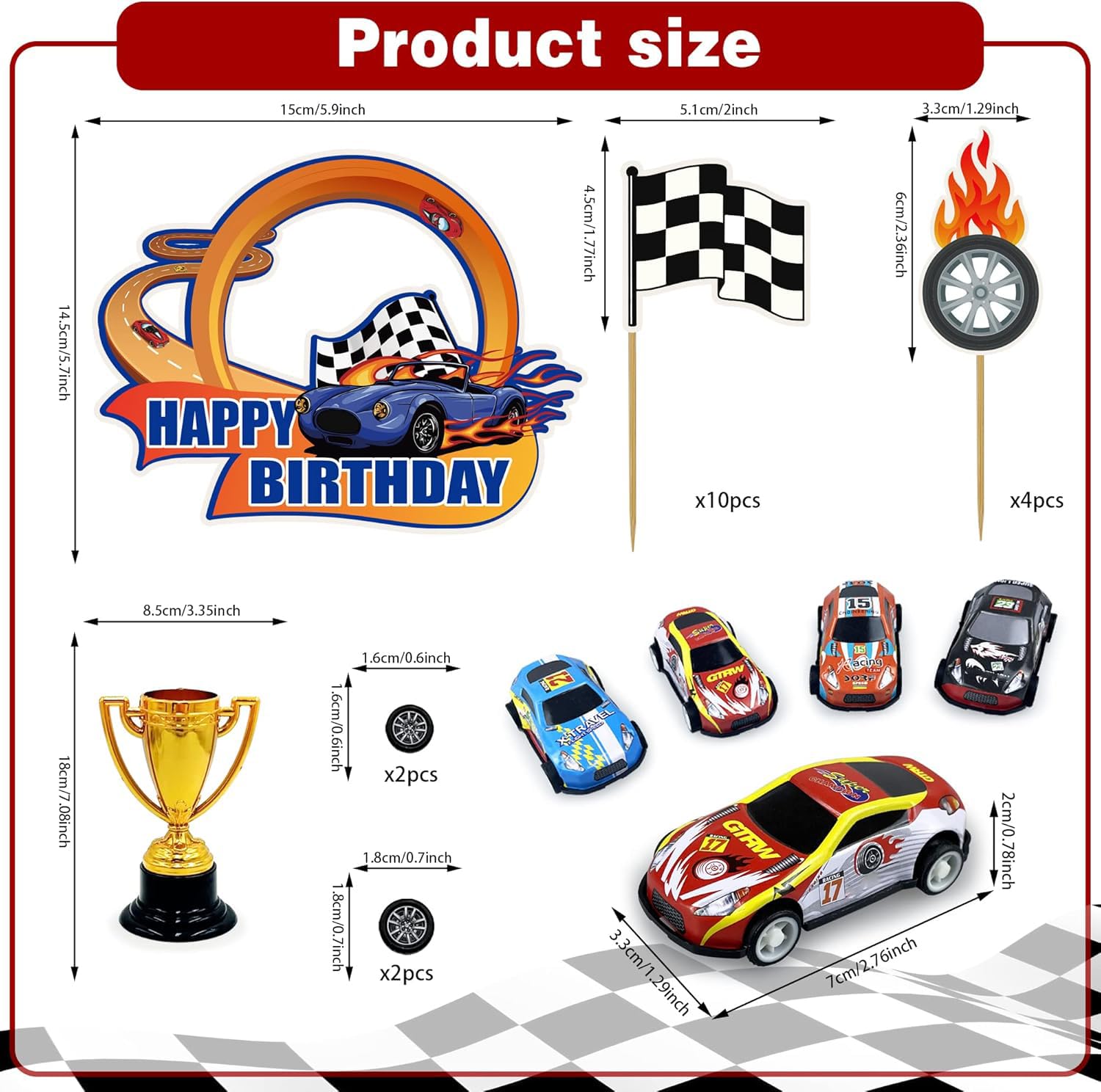24PCS Race Car Happy Birthday Cake Decoration Race Car Cake Toppers Race Car Themed Birthday Party Supplies Boy and Girl Cake Decoration