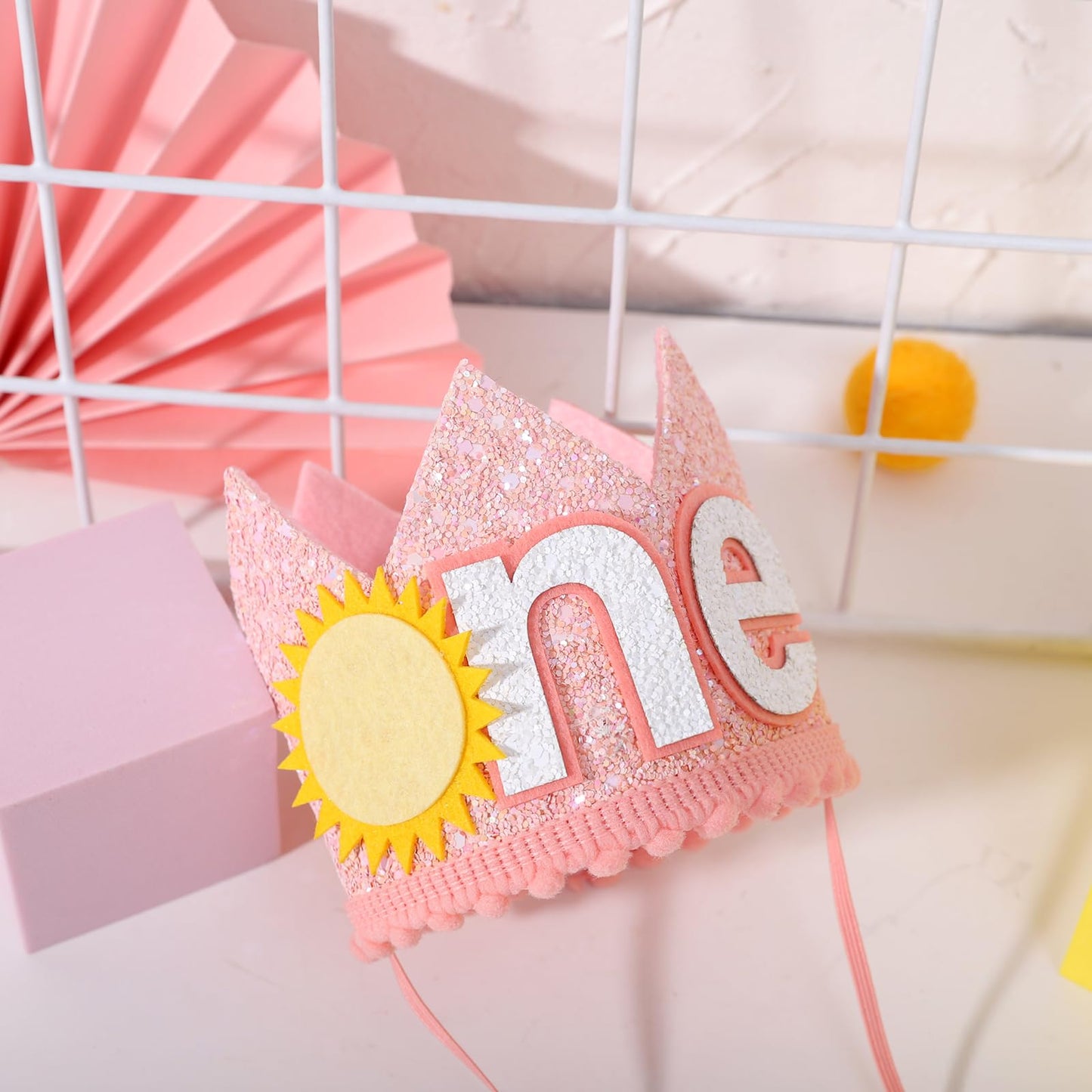 YOUAME Bohemian First Birthday Crown - Girl's 1st Trip Around the Sun Outfit, Sun Party Decorations (Pink)