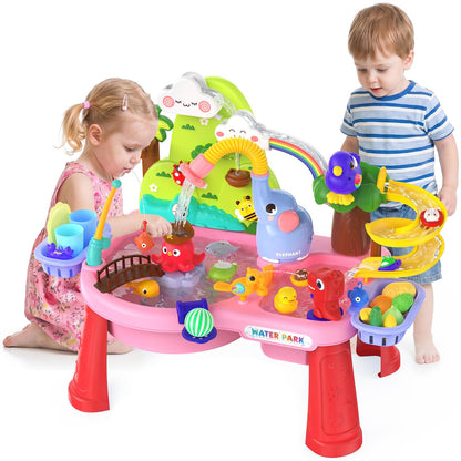 2026 Upgraded Water Table for Toddlers 1-3, Outdoor Toddler Toys Sand Water Pool Toys with Pump/Running Water/Fishing Toy/Play Food Accessories